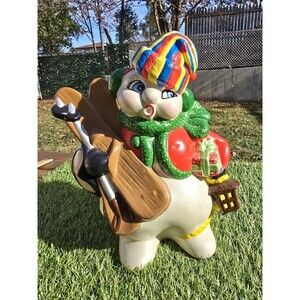 Snowman Frosty Vintage Ceramic Mold 13” Tall Hand Painted With Skiis Signed 1984